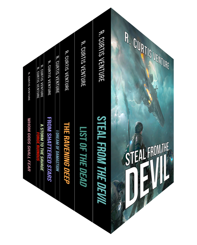 Image showing a 3D mockup of all Armada Wars paperback books lined up together.